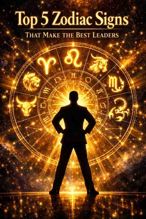 Top 5 zodiac signs that make the best leaders featuring Aries, Leo, Capricorn, Scorpio, and Taurus in a glowing golden zodiac wheel with a powerful leader silhouette