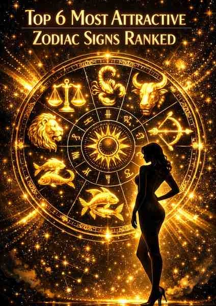 Top 6 most attractive zodiac signs ranked including Libra Scorpio Leo Taurus Sagittarius and Pisces in a glowing golden zodiac wheel with a cosmic background