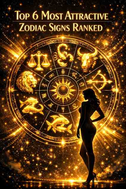 Top 6 most attractive zodiac signs ranked including Libra Scorpio Leo Taurus Sagittarius and Pisces in a glowing golden zodiac wheel with a cosmic background