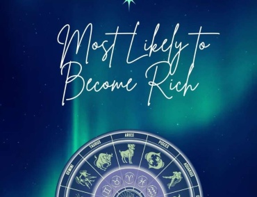 Elegant astrology illustration featuring golden zodiac symbols arranged in a luxurious circle with sparkling diamonds, gold coins, and cosmic stars on a deep black and gold background.