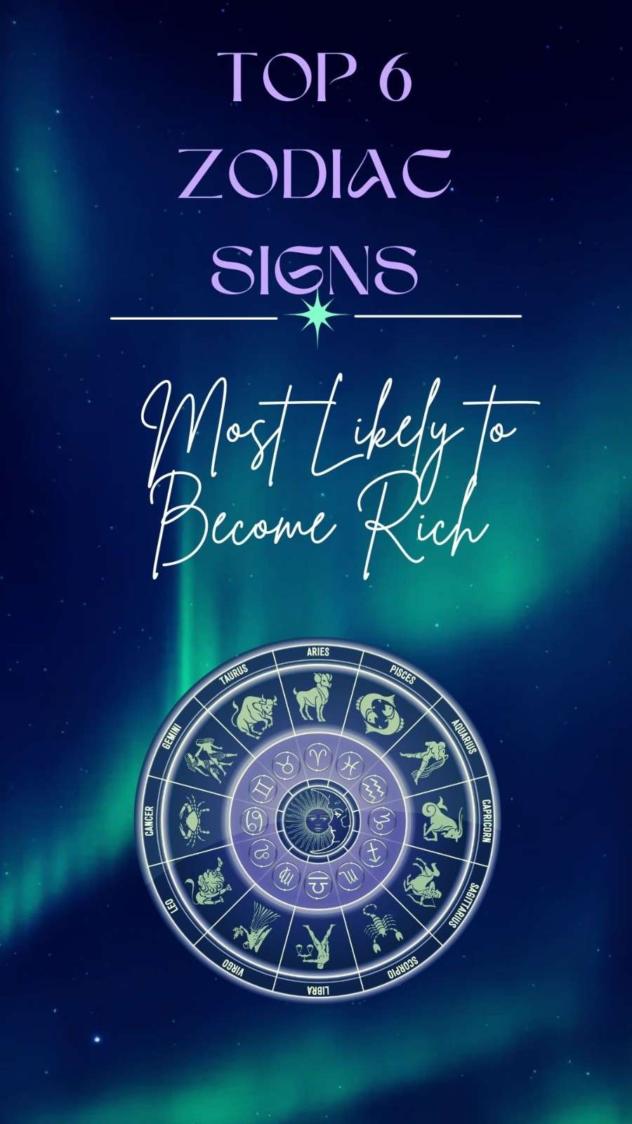 Elegant astrology illustration featuring golden zodiac symbols arranged in a luxurious circle with sparkling diamonds, gold coins, and cosmic stars on a deep black and gold background.