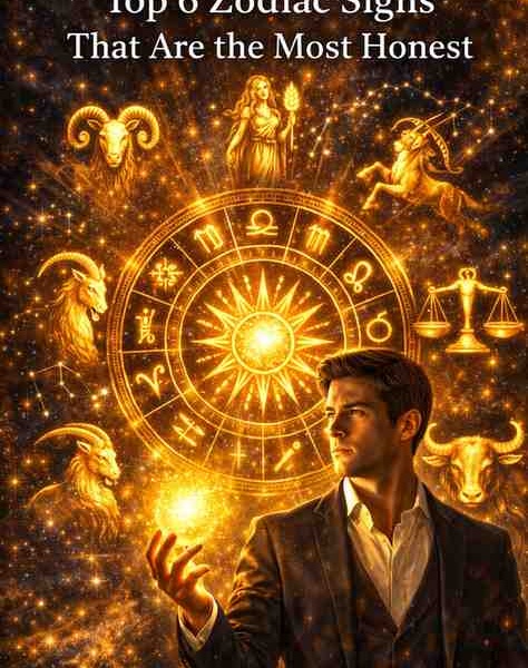 Luxury zodiac wheel illustration with Aries, Virgo, Sagittarius, Capricorn, Libra, and Taurus symbols glowing in gold, representing honesty and truth.