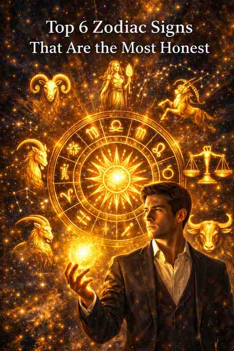 Luxury zodiac wheel illustration with Aries, Virgo, Sagittarius, Capricorn, Libra, and Taurus symbols glowing in gold, representing honesty and truth.