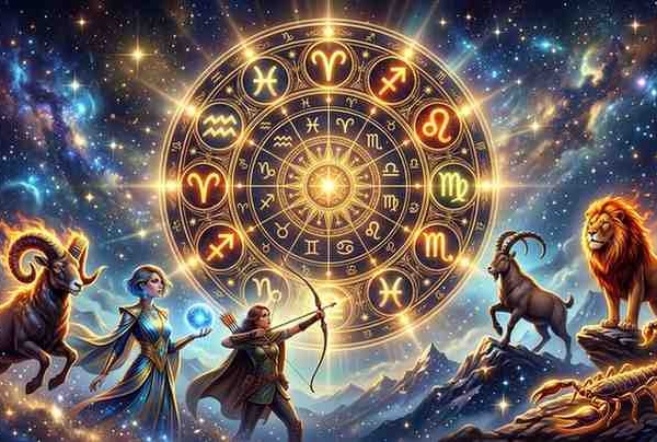 Illustration of the six most independent zodiac signs – Aries, Aquarius, Sagittarius, Capricorn, Leo, and Scorpio – in a glowing zodiac wheel.