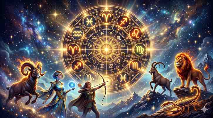 Illustration of the six most independent zodiac signs – Aries, Aquarius, Sagittarius, Capricorn, Leo, and Scorpio – in a glowing zodiac wheel.
