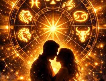 Luxury astrology illustration of glowing zodiac wheel featuring Pisces, Scorpio, Cancer, Leo, Libra, and Taurus with a romantic couple silhouette in a cosmic galaxy background