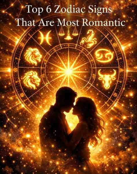 Luxury astrology illustration of glowing zodiac wheel featuring Pisces, Scorpio, Cancer, Leo, Libra, and Taurus with a romantic couple silhouette in a cosmic galaxy background