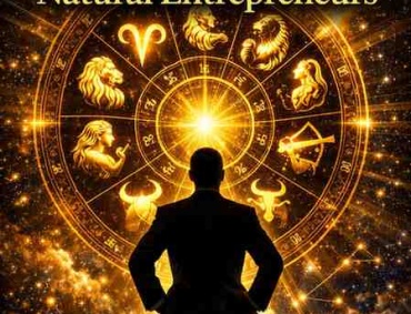 Luxury astrology illustration of zodiac wheel with Aries, Capricorn, Scorpio, Leo, Virgo, Taurus, and Sagittarius representing entrepreneurial success