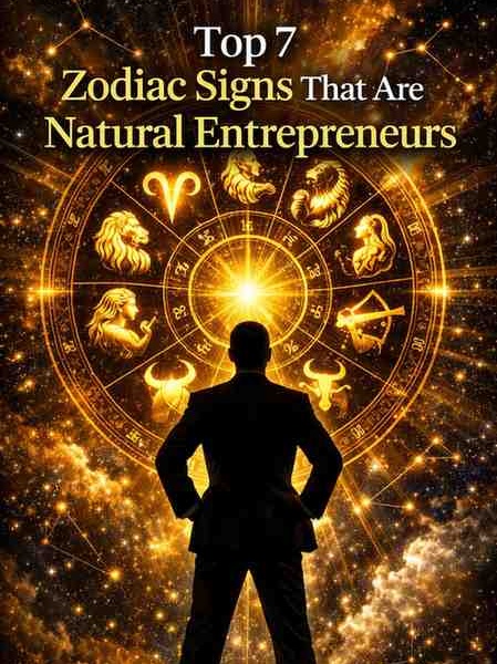 Luxury astrology illustration of zodiac wheel with Aries, Capricorn, Scorpio, Leo, Virgo, Taurus, and Sagittarius representing entrepreneurial success