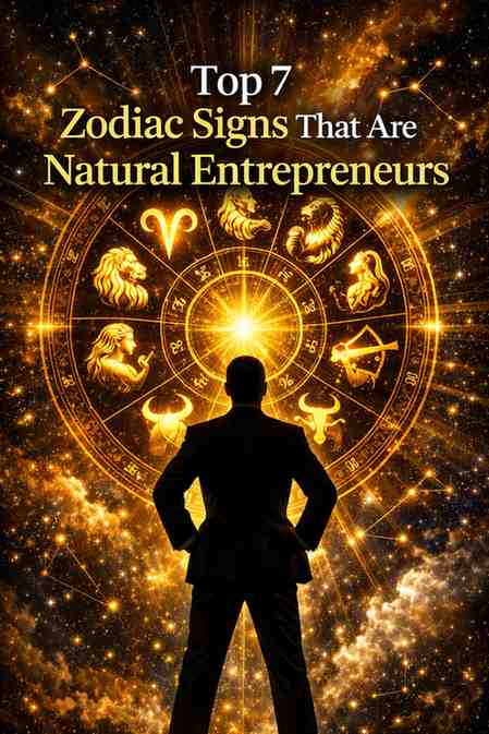Luxury astrology illustration of zodiac wheel with Aries, Capricorn, Scorpio, Leo, Virgo, Taurus, and Sagittarius representing entrepreneurial success