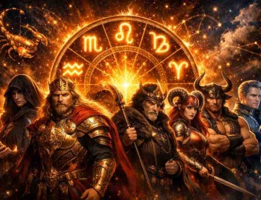 Powerful zodiac signs illustration with Scorpio, Leo, Capricorn, Aries, Taurus, and Aquarius symbols glowing in a golden cosmic background