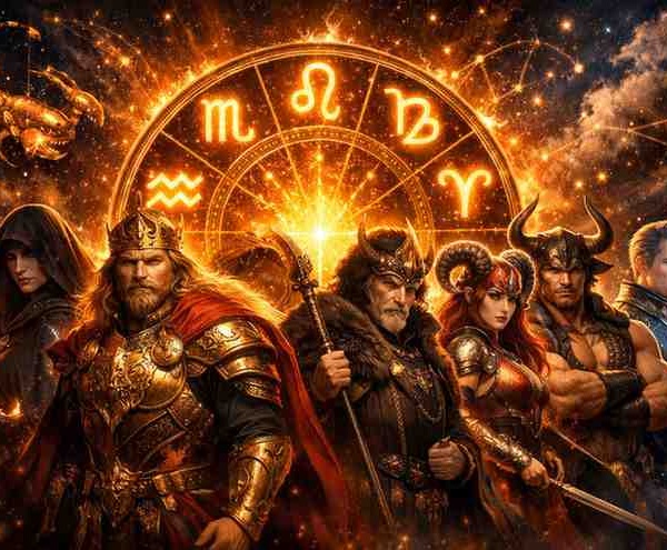 Powerful zodiac signs illustration with Scorpio, Leo, Capricorn, Aries, Taurus, and Aquarius symbols glowing in a golden cosmic background