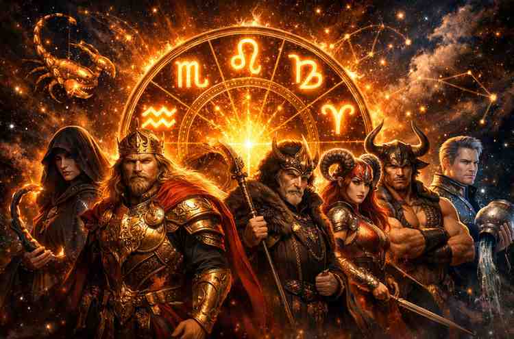 Powerful zodiac signs illustration with Scorpio, Leo, Capricorn, Aries, Taurus, and Aquarius symbols glowing in a golden cosmic background