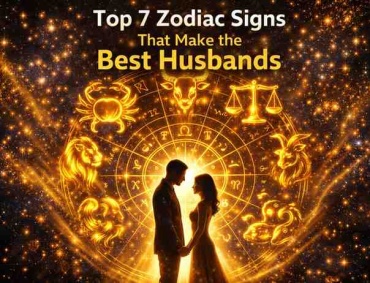 Romantic zodiac wheel with seven signs symbolizing best husbands, glowing in a cosmic galaxy with a loving couple representing loyalty and commitment.