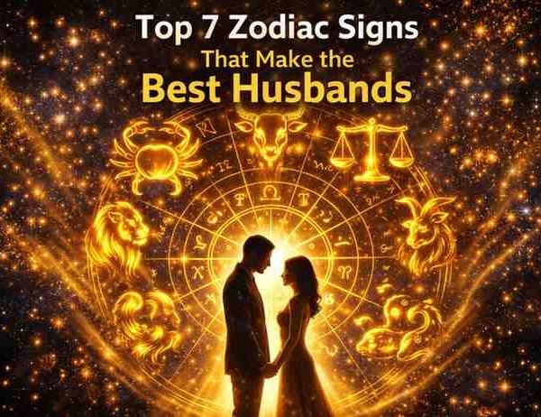 Romantic zodiac wheel with seven signs symbolizing best husbands, glowing in a cosmic galaxy with a loving couple representing loyalty and commitment.