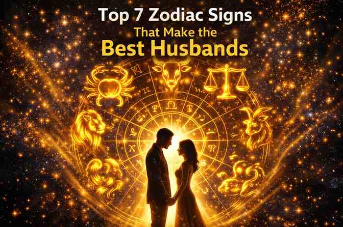 Romantic zodiac wheel with seven signs symbolizing best husbands, glowing in a cosmic galaxy with a loving couple representing loyalty and commitment.