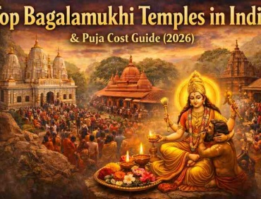 Top Bagalamukhi temples in India collage showing Datia, Nalkheda, and Kangra temples with Goddess Bagalamukhi and devotees performing puja.