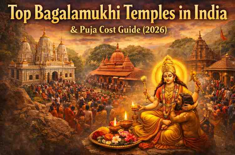 Top Bagalamukhi temples in India collage showing Datia, Nalkheda, and Kangra temples with Goddess Bagalamukhi and devotees performing puja.