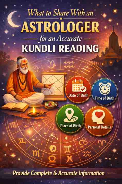 Astrologer explaining Kundli chart with icons showing date of birth, time of birth, place of birth, and personal details for accurate Kundli reading
