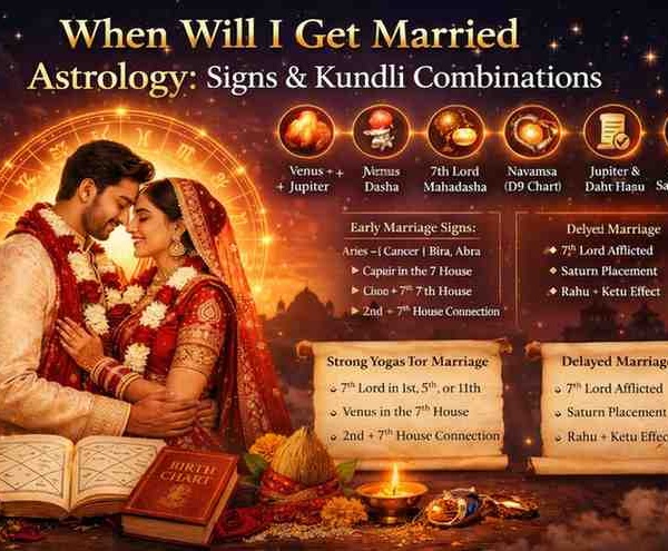 When will I get married astrology infographic showing wedding couple, zodiac wheel, kundli combinations, Venus Jupiter influence, and marriage timing signs.