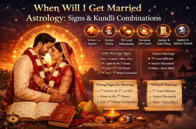 When will I get married astrology infographic showing wedding couple, zodiac wheel, kundli combinations, Venus Jupiter influence, and marriage timing signs.