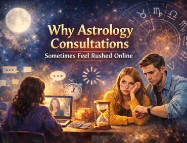 Online astrology consultation showing a rushed session with an astrologer on video call and clients feeling stressed under time pressure