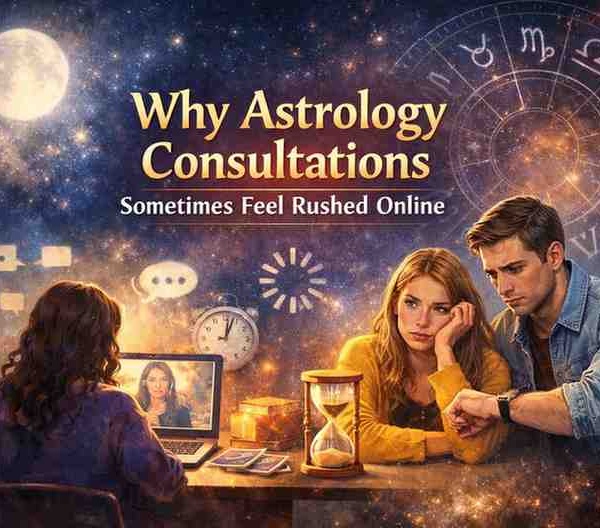 Online astrology consultation showing a rushed session with an astrologer on video call and clients feeling stressed under time pressure