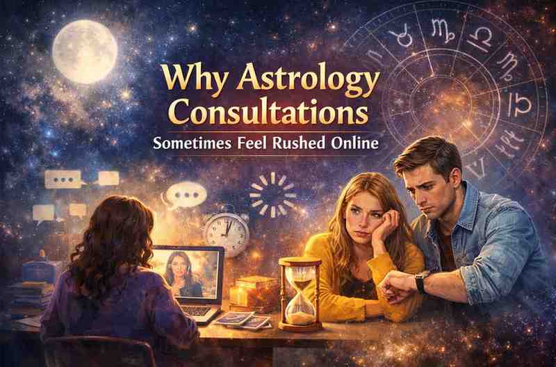 Online astrology consultation showing a rushed session with an astrologer on video call and clients feeling stressed under time pressure
