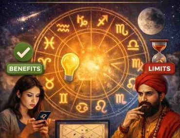 Why free astrology chat sessions are short but still useful concept showing zodiac wheel, astrologer, mobile chat user, and Kundli chart with benefits and limits