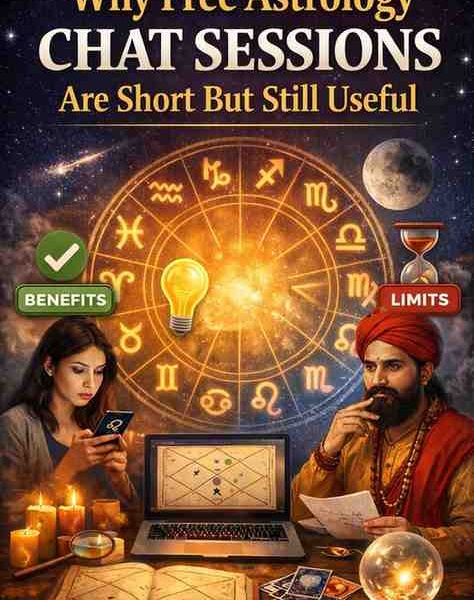 Why free astrology chat sessions are short but still useful concept showing zodiac wheel, astrologer, mobile chat user, and Kundli chart with benefits and limits
