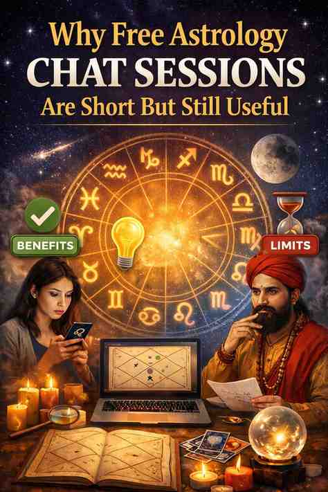 Why free astrology chat sessions are short but still useful concept showing zodiac wheel, astrologer, mobile chat user, and Kundli chart with benefits and limits