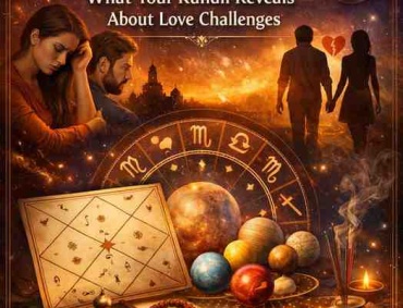 Astrology and relationship problems concept showing a couple, Kundli chart, zodiac wheel, and planets symbolizing love challenges and cosmic influences