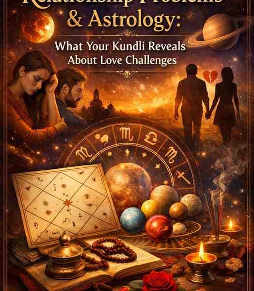 Astrology and relationship problems concept showing a couple, Kundli chart, zodiac wheel, and planets symbolizing love challenges and cosmic influences