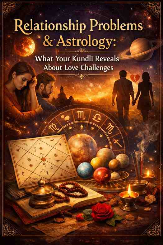 Astrology and relationship problems concept showing a couple, Kundli chart, zodiac wheel, and planets symbolizing love challenges and cosmic influences