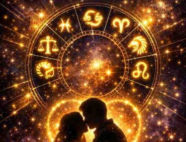 Astrology-themed illustration of Pisces, Cancer, Aries, Libra, and Leo zodiac signs glowing in a cosmic galaxy with a romantic couple symbolizing fast love.