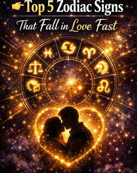 Astrology-themed illustration of Pisces, Cancer, Aries, Libra, and Leo zodiac signs glowing in a cosmic galaxy with a romantic couple symbolizing fast love.