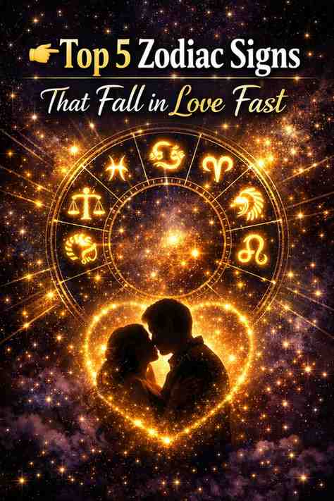 Astrology-themed illustration of Pisces, Cancer, Aries, Libra, and Leo zodiac signs glowing in a cosmic galaxy with a romantic couple symbolizing fast love.