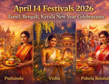 April 14 festivals 2026 banner showing Puthandu, Vishu, and Pohela Boishakh celebrations with traditional attire, rituals, and New Year customs