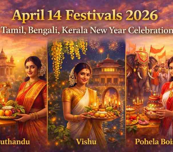 April 14 festivals 2026 banner showing Puthandu, Vishu, and Pohela Boishakh celebrations with traditional attire, rituals, and New Year customs