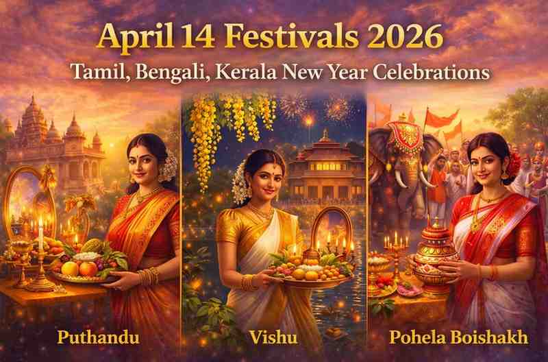 April 14 festivals 2026 banner showing Puthandu, Vishu, and Pohela Boishakh celebrations with traditional attire, rituals, and New Year customs