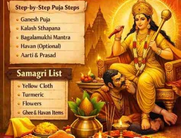Bagalamukhi Puja Vidhi and samagri list guide with Maa Bagalamukhi illustration, puja items, kalash, diya, turmeric, and step-by-step ritual instructions