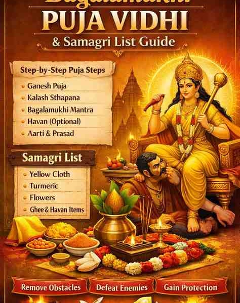 Bagalamukhi Puja Vidhi and samagri list guide with Maa Bagalamukhi illustration, puja items, kalash, diya, turmeric, and step-by-step ritual instructions