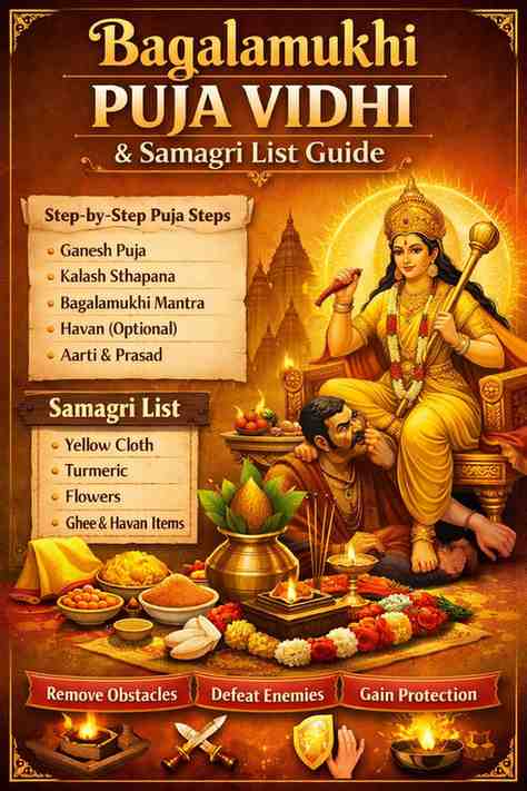 Bagalamukhi Puja Vidhi and samagri list guide with Maa Bagalamukhi illustration, puja items, kalash, diya, turmeric, and step-by-step ritual instructions