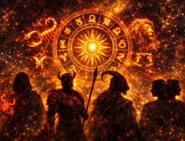 Dark zodiac wheel illustration with Scorpio, Aries, Capricorn, Leo, and Gemini symbols glowing in gold and red, representing powerful and dangerous zodiac signs.
