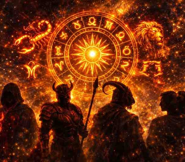 Dark zodiac wheel illustration with Scorpio, Aries, Capricorn, Leo, and Gemini symbols glowing in gold and red, representing powerful and dangerous zodiac signs.