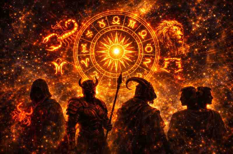 Dark zodiac wheel illustration with Scorpio, Aries, Capricorn, Leo, and Gemini symbols glowing in gold and red, representing powerful and dangerous zodiac signs.