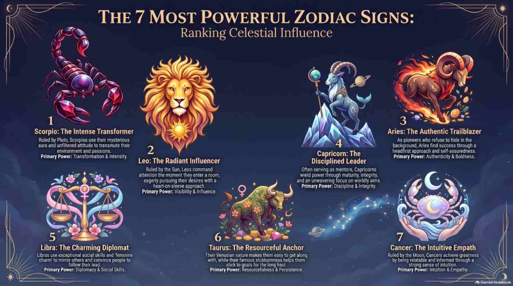 Illustrated rankings chart highlighting the seven most powerful zodiac signs, including Scorpio, Leo, and Capricorn.