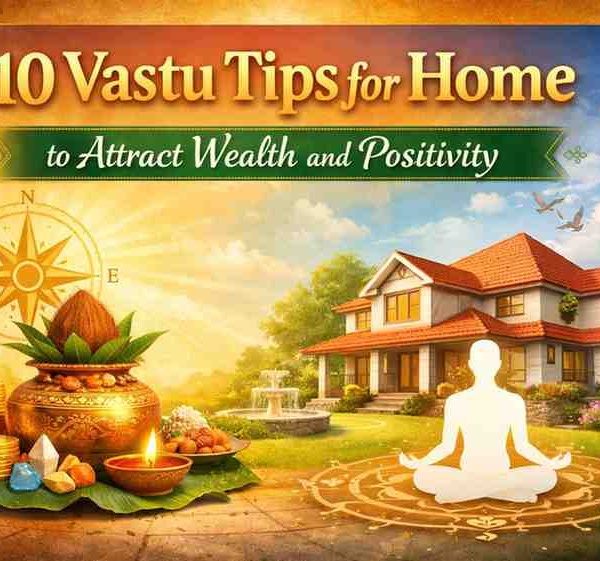10 vastu tips for home to attract wealth and positivity with house compass kalash coins and meditation in peaceful environment