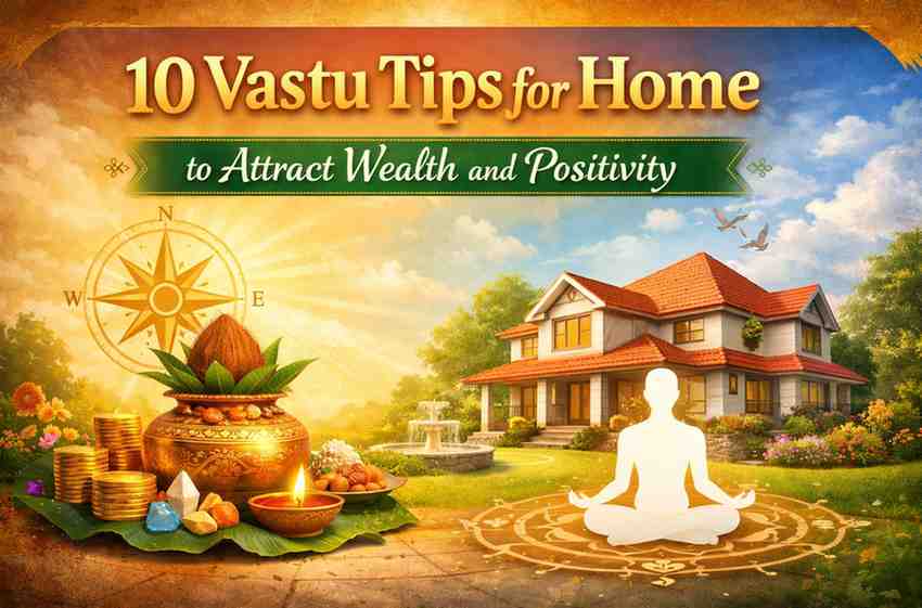 10 vastu tips for home to attract wealth and positivity with house compass kalash coins and meditation in peaceful environment