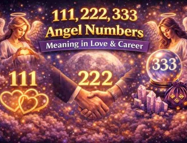 111 222 333 angel numbers meaning in love and career with angels hearts handshake and crystal ball in cosmic background